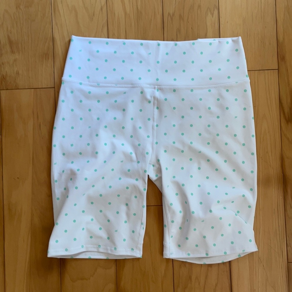 Never worn white biker shorts, turquoise polkadots
